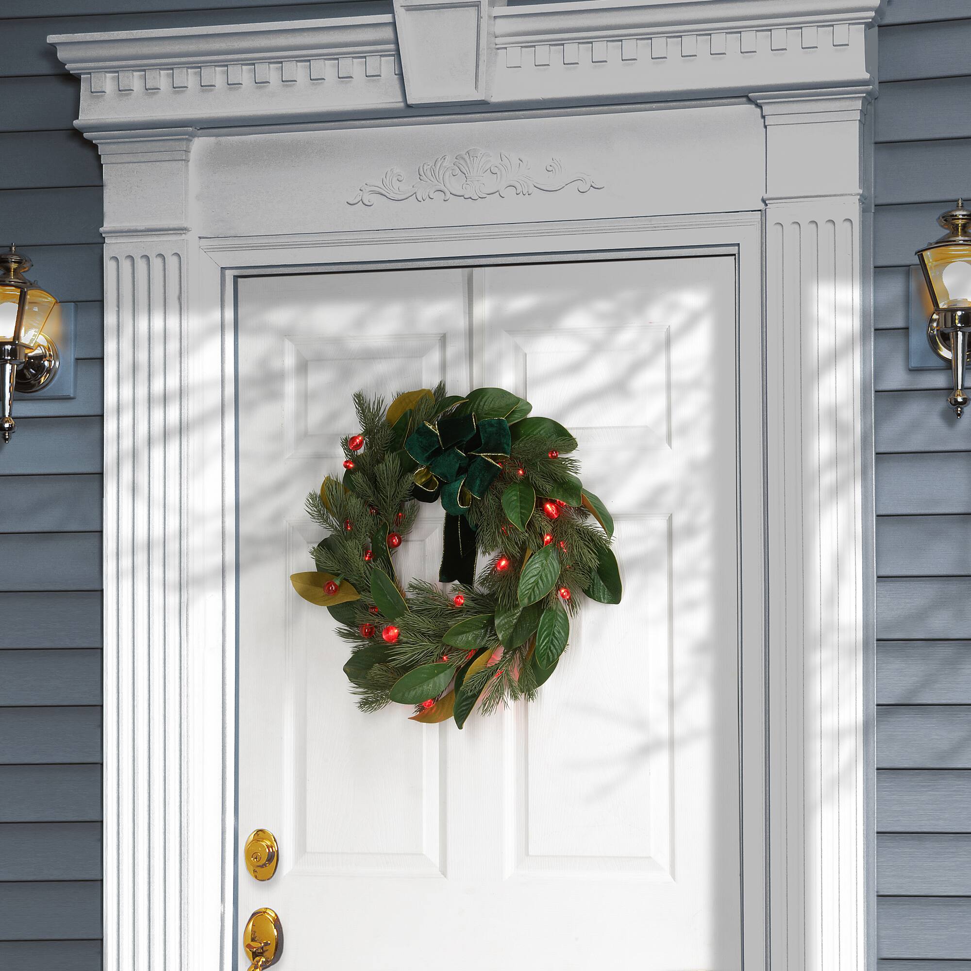 24" LED Berry Pre-Lit Magnolia Mixed Pine Wreath